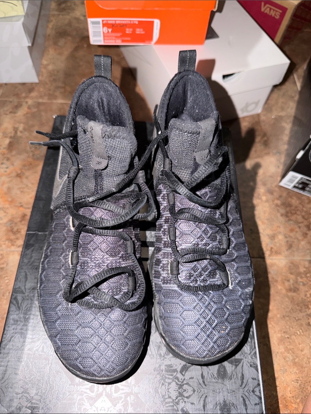 Kids Black Knit Hex-Pattern Athletic Sneakers